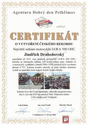 Certifikát o vytvoření českého rekordu JAWA 500 v Rovensku p. Tr.
